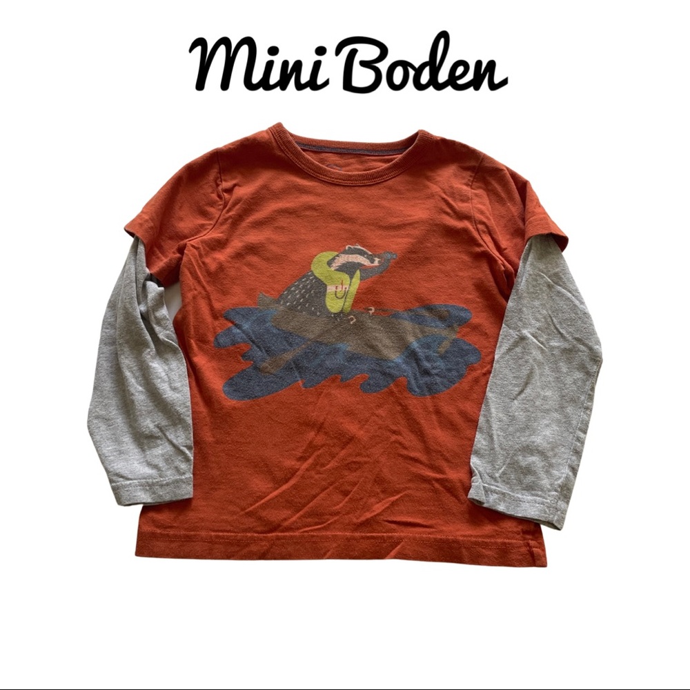 Mini Boden badger orange & gray long sleeved T shirt Sz 3-4 Y British kids boys
